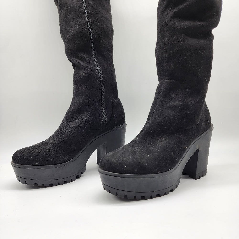 Aus 10 Black Thigh High Platform Faux Suede Boots - Picture 12 of 16